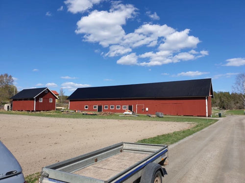 Takläggning med TP20 plåt på ladugård, för robust och långvarigt skydd mot väder och vind.